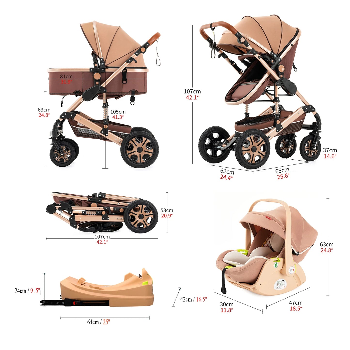 Infant Car Seat Combo Stroller Travel System for Newborn with Isofix Base,Baby Carriage 3in1 Reversible Stroller suit Toddler