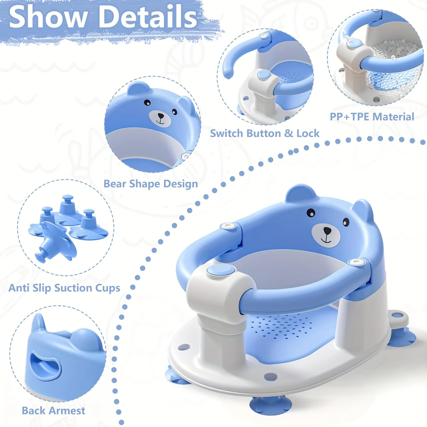 Baby Bath Seat For Babies 6 Months & Up, Toddler Bath Seats For Babies Sitting Up, Non-Slip Infant Bath Tub Chair With 4 Suction