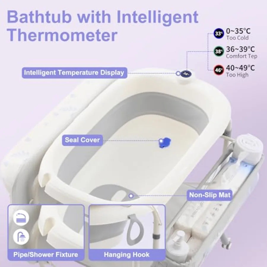 2-in-1 Baby Bathtub with Changing Table Foldable Diaper Changing Station with 4 Wheels Waterproof Pad Storage Rack and Baby Bat