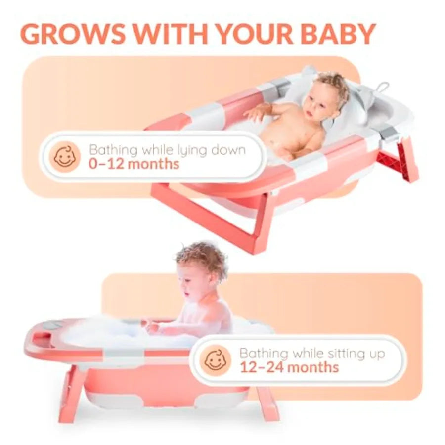 Collapsible Baby Bathtub for Newborn Infant Girl and Boy 0-24 Months Foldable Portable Bathtub with Thermometer Heat Sensor Dra