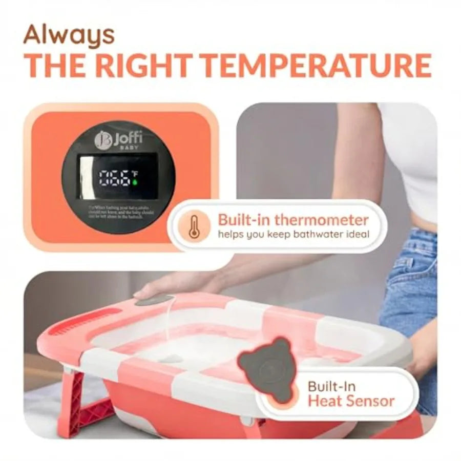 Collapsible Baby Bathtub for Newborn Infant Girl and Boy 0-24 Months Foldable Portable Bathtub with Thermometer Heat Sensor Dra