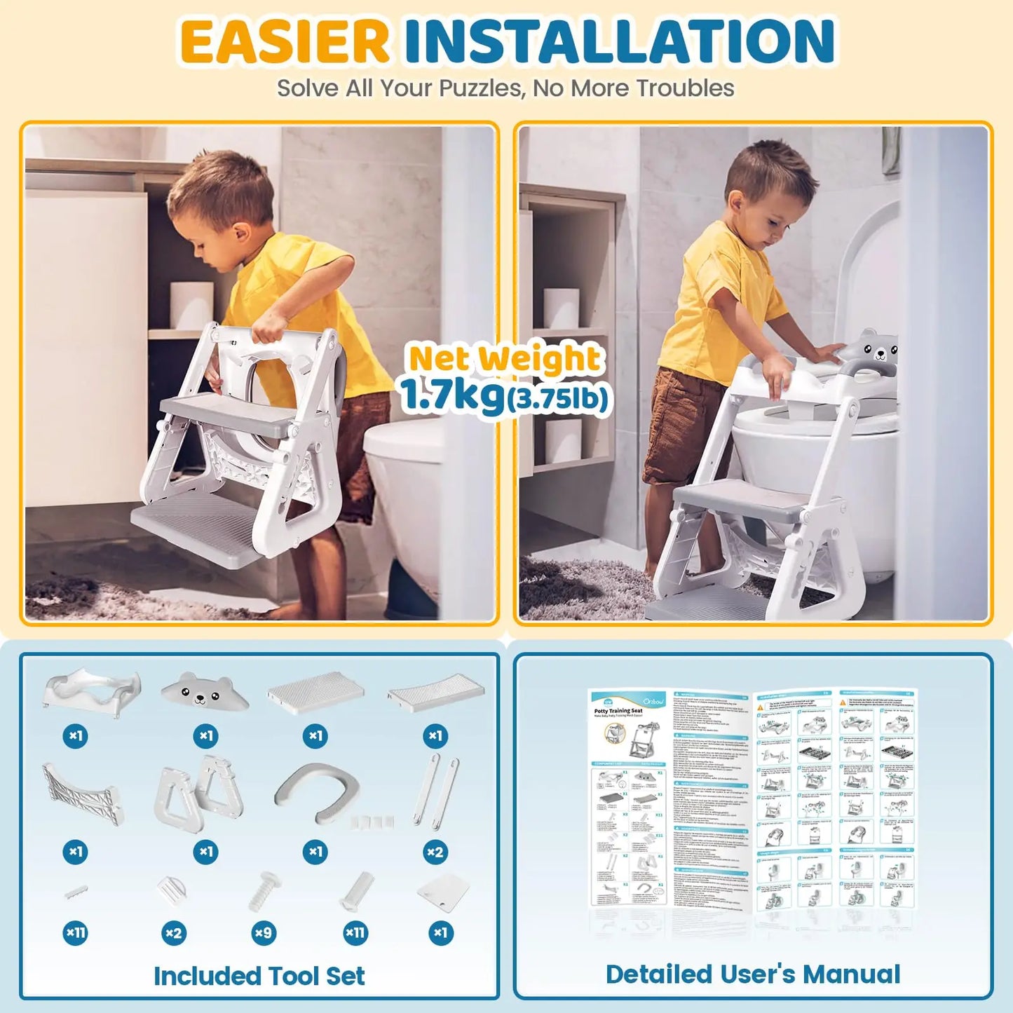 2-IN-1 Potty Training Seat with Step Stool, Height Adjustable Toilet Seat for Toddler, Potty Training with Splash Guard for Kids