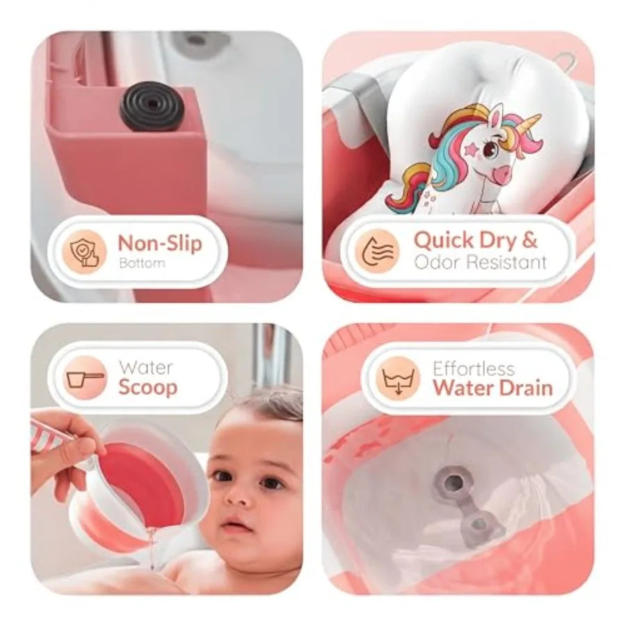 Collapsible Baby Bathtub for Newborn Infant Girl and Boy 0-24 Months Foldable Portable Bathtub with Thermometer Heat Sensor Dra