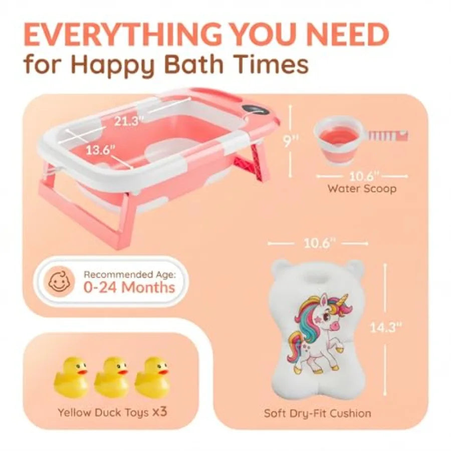 Collapsible Baby Bathtub for Newborn Infant Girl and Boy 0-24 Months Foldable Portable Bathtub with Thermometer Heat Sensor Dra