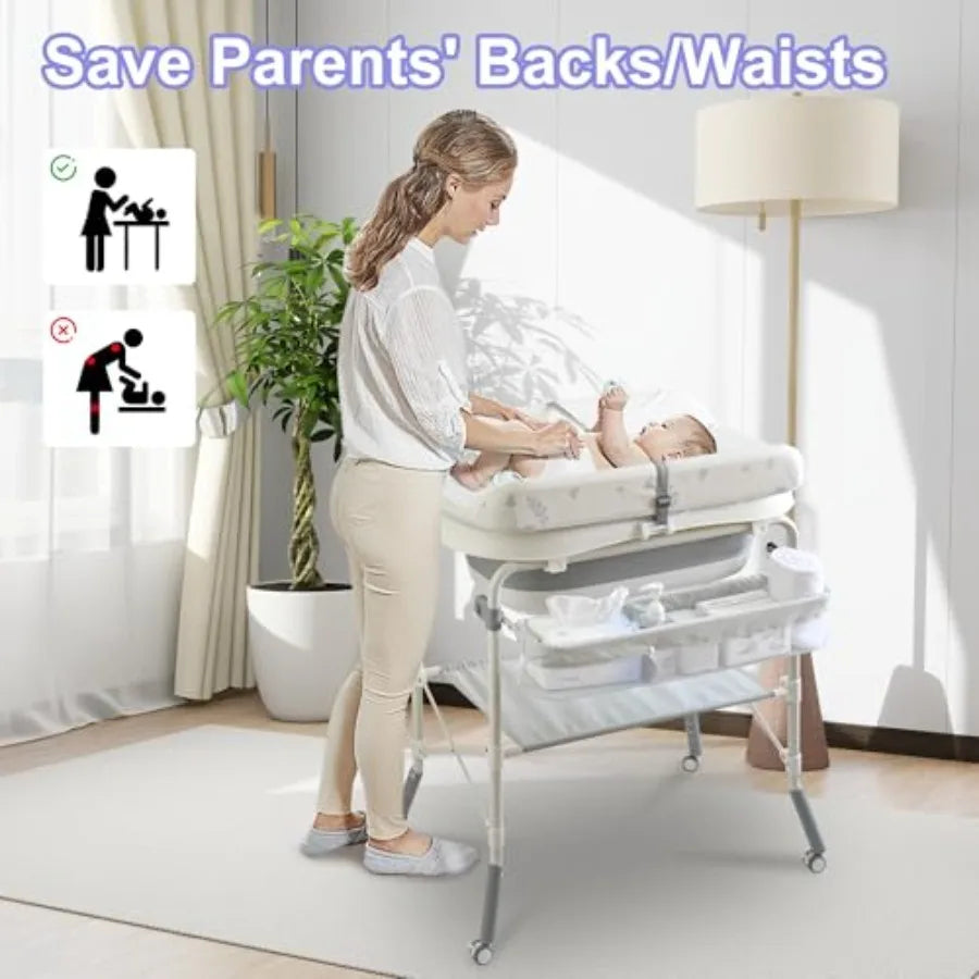 2-in-1 Baby Bathtub with Changing Table Foldable Diaper Changing Station with 4 Wheels Waterproof Pad Storage Rack and Baby Bat