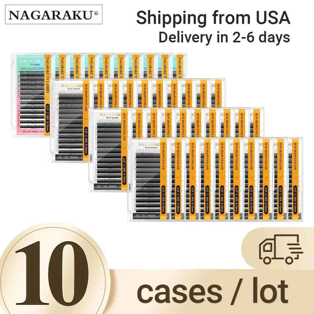 NAGARAKU Ship from USA 10 Cases W Shape 3D 4D 5D Eyelashes Free Tax Fast Shipping Delivery in 2-5 days Mix8-15mm Size