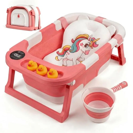 Collapsible Baby Bathtub for Newborn Infant Girl and Boy 0-24 Months Foldable Portable Bathtub with Thermometer Heat Sensor Dra